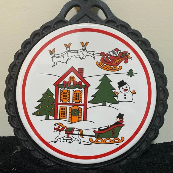 Cast Iron Christmas Tile Trivet Scenery Cooling Santa Reindeer Vintage Hanging - Picture 3 of 10